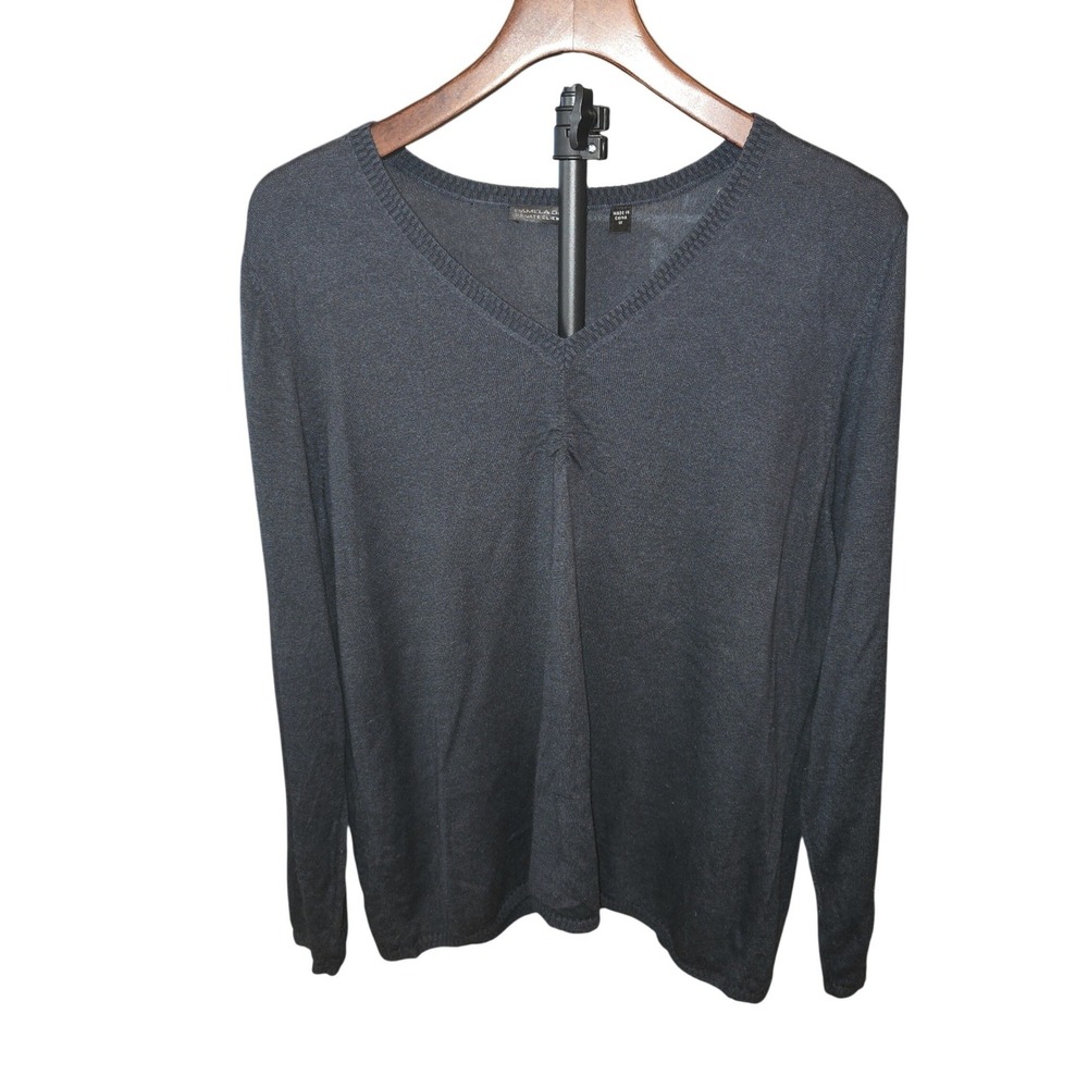 Pamela Dennis Sweater Women 1X Gray Silk Cashmere V-Neck Ruched Lightweight Knit